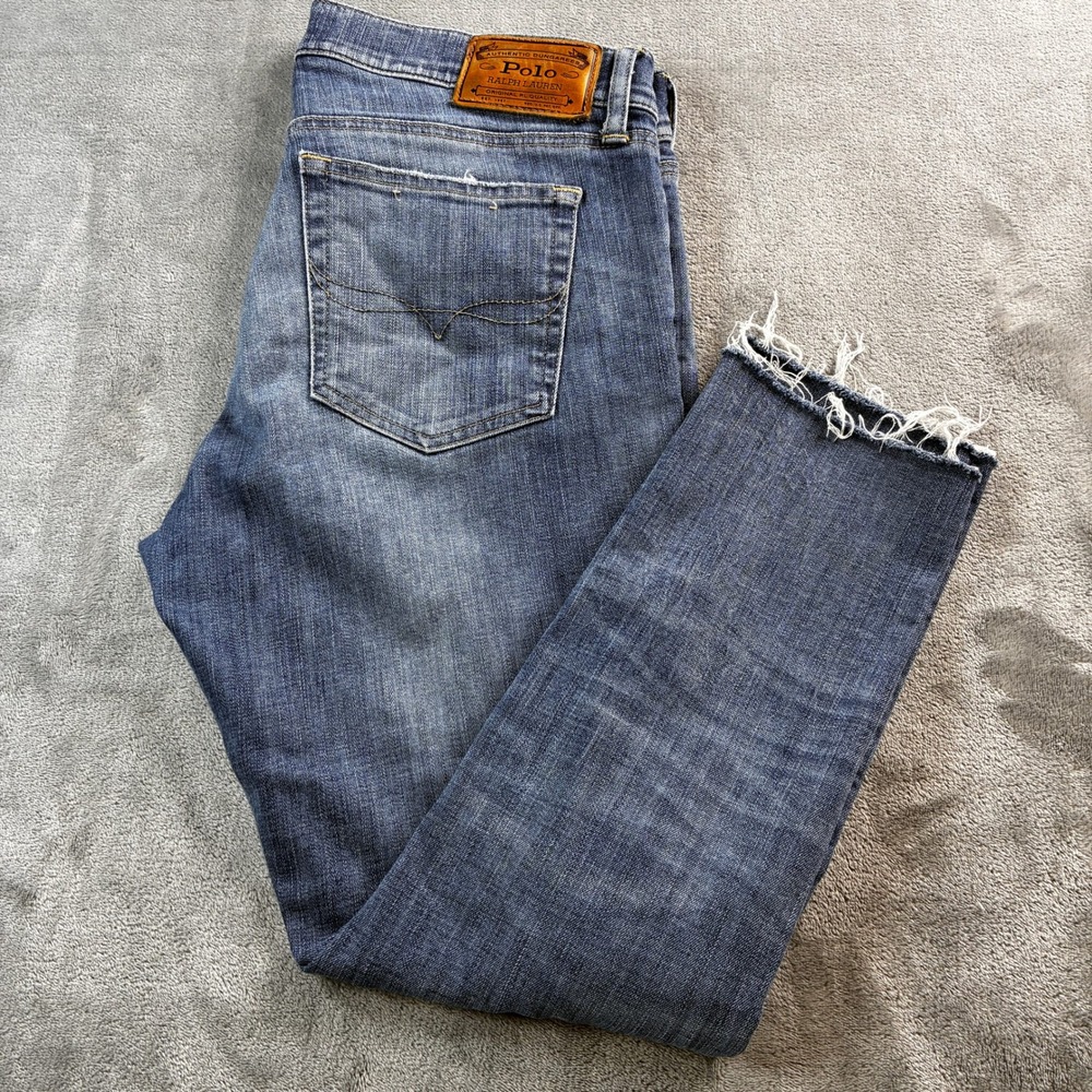 Polo Ralph‎ Lauren Womens Tompkins Skinny Sz 32 Jeans Blue Distressed Frayed Hem